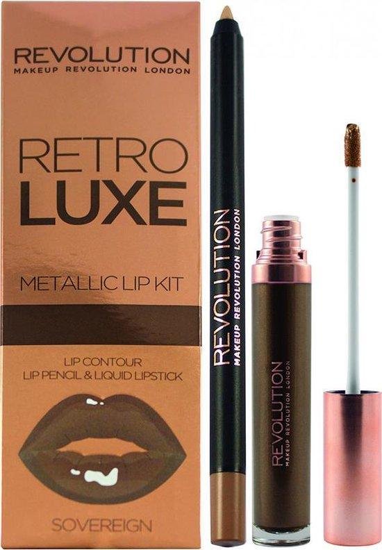 Set Makeup Revolution: Retro Luxe, Metallic, Liquid Lipstick, Sovereign, 5.5 ml + Retro Luxe, Lip Liner, Sovereign, 1 g