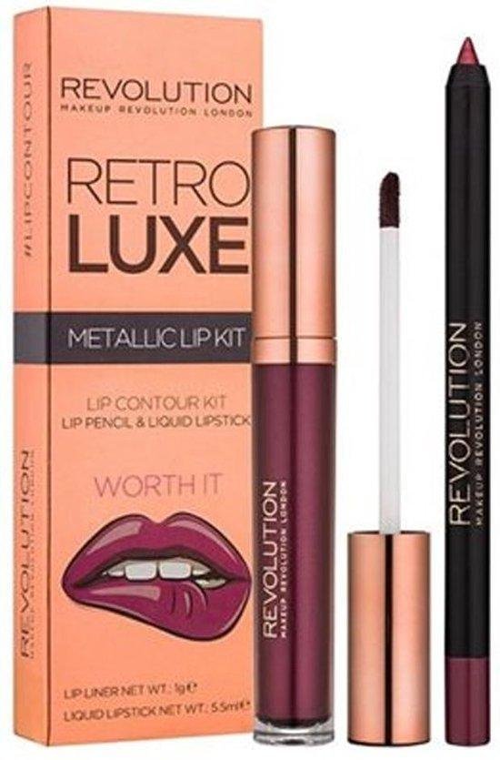 Set Makeup Revolution: Retro Luxe, Metallic, Liquid Lipstick, Worth It, 5.5 ml + Retro Luxe, Lip Liner, Worth It, 1 g